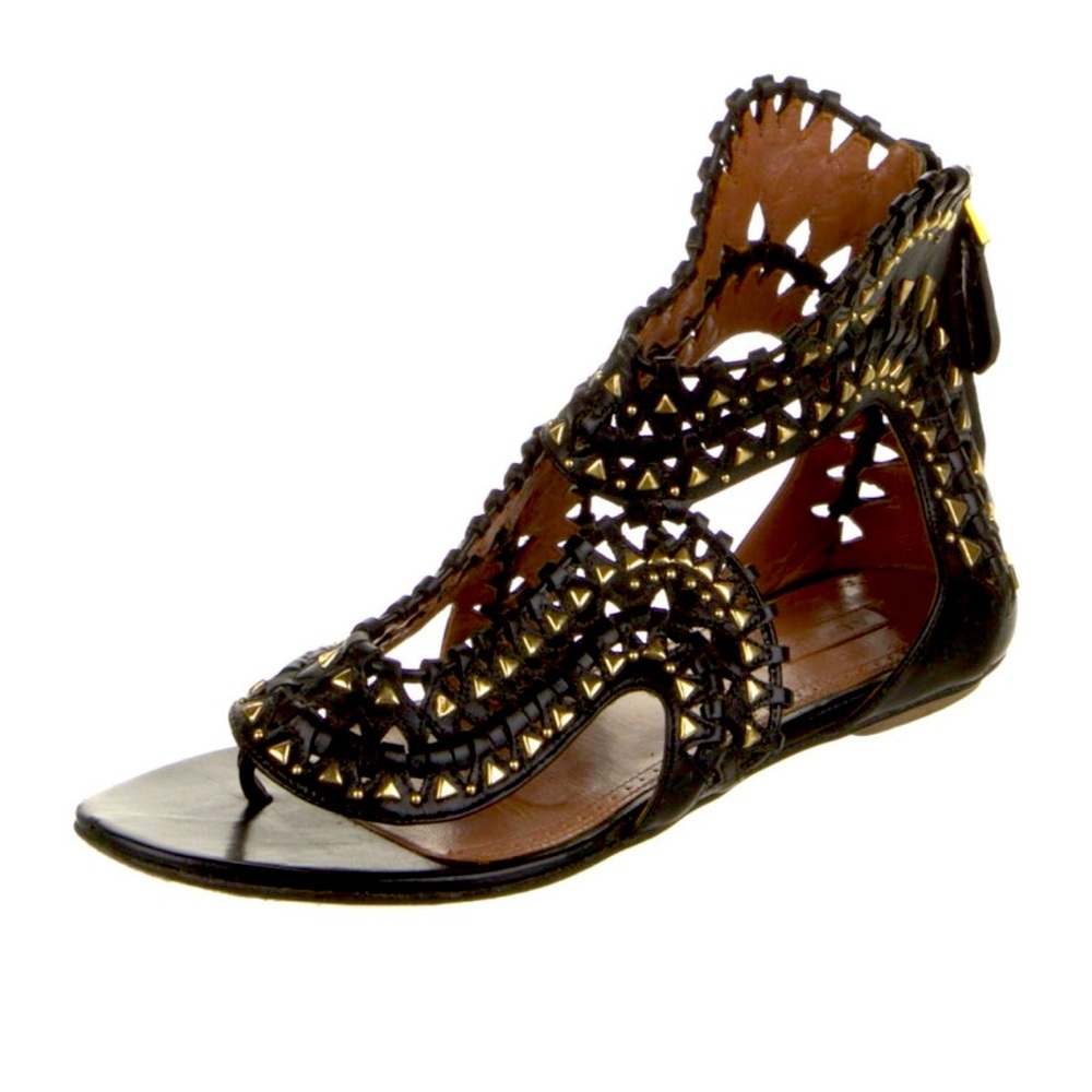 Alaia black leather gladiator sandals with gold studs size 7